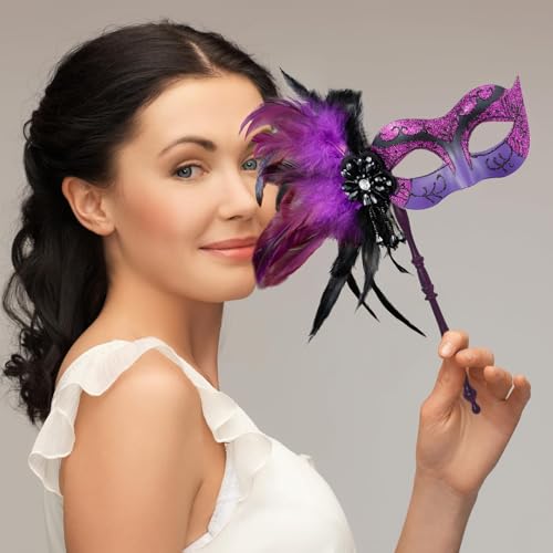 MYSEUNI 2025 New Purple Masquerade Mask for Women with Stick - Shiny Women's Feather Purple Mardi Gras Mask for Halloween Parties, Carnival, Cosplay Prom, Christmas, Wedding, Bar, Costume Accessory - Image 5