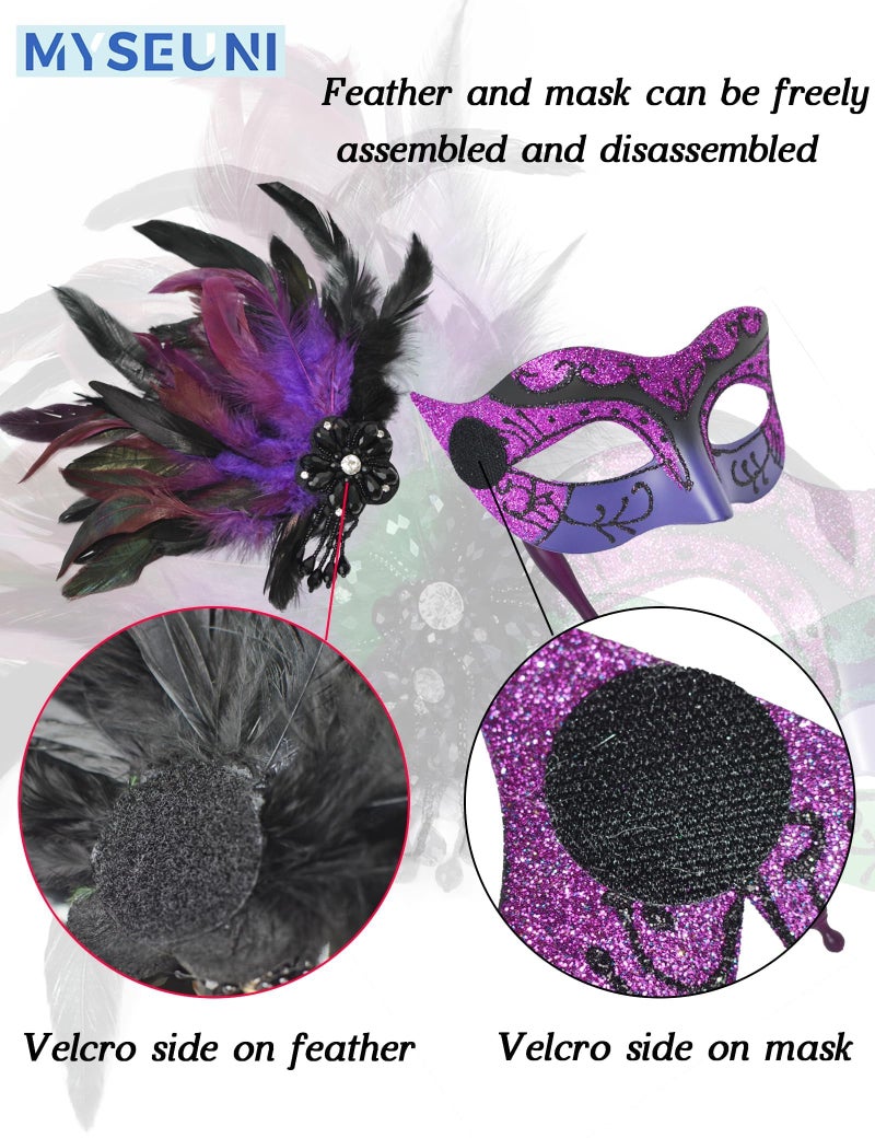 MYSEUNI 2025 New Purple Masquerade Mask for Women with Stick - Shiny Women's Feather Purple Mardi Gras Mask for Halloween Parties, Carnival, Cosplay Prom, Christmas, Wedding, Bar, Costume Accessory - Image 3