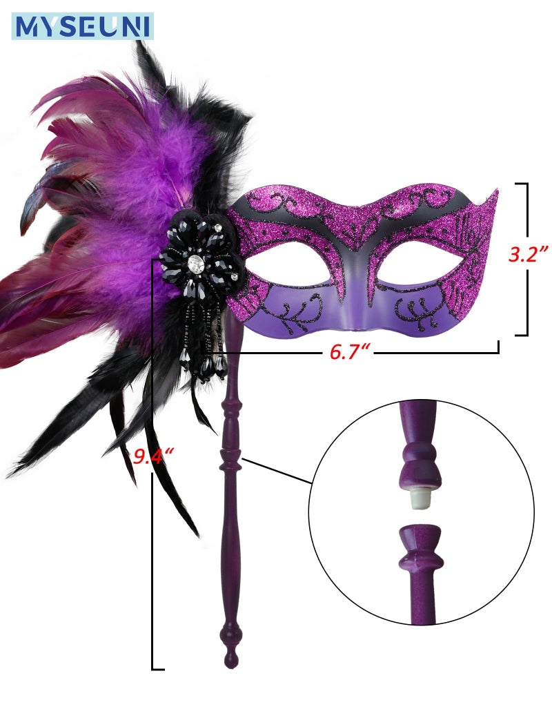 MYSEUNI 2025 New Purple Masquerade Mask for Women with Stick - Shiny Women's Feather Purple Mardi Gras Mask for Halloween Parties, Carnival, Cosplay Prom, Christmas, Wedding, Bar, Costume Accessory - Image 2