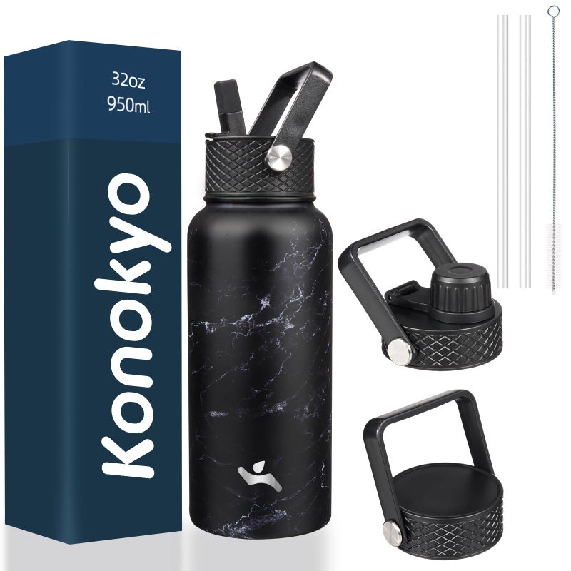 Konokyo 32 oz Insulated Water Bottle Stainless Steel Sport Bottles with 3 Lids,Marble Midnight - Image 1