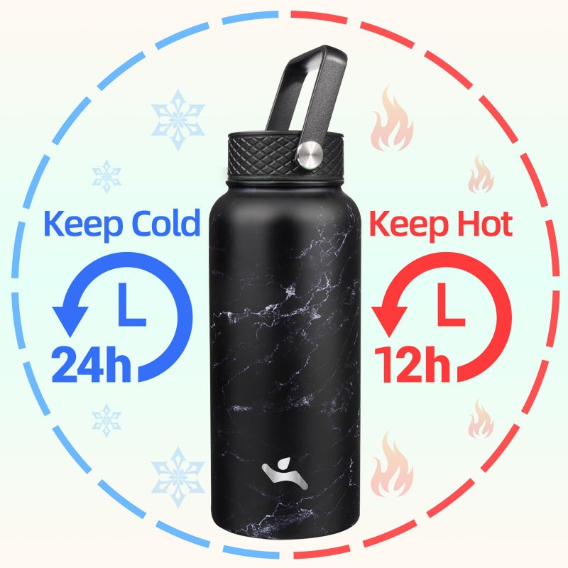 Konokyo 32 oz Insulated Water Bottle Stainless Steel Sport Bottles with 3 Lids,Marble Midnight - Image 2