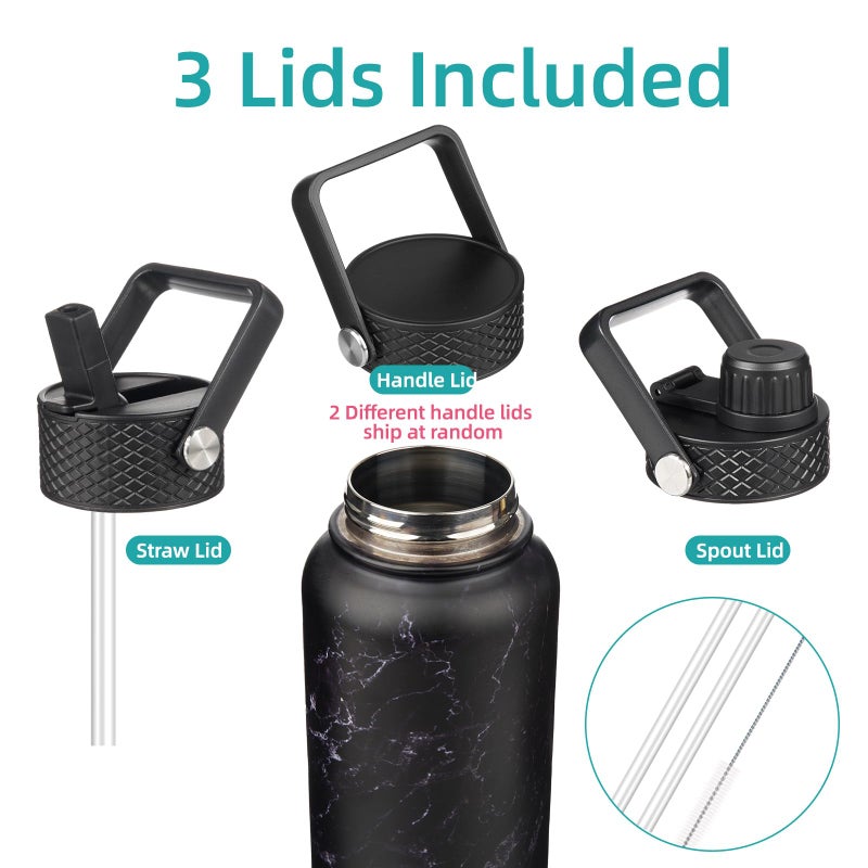 Konokyo 32 oz Insulated Water Bottle Stainless Steel Sport Bottles with 3 Lids,Marble Midnight - Image 3