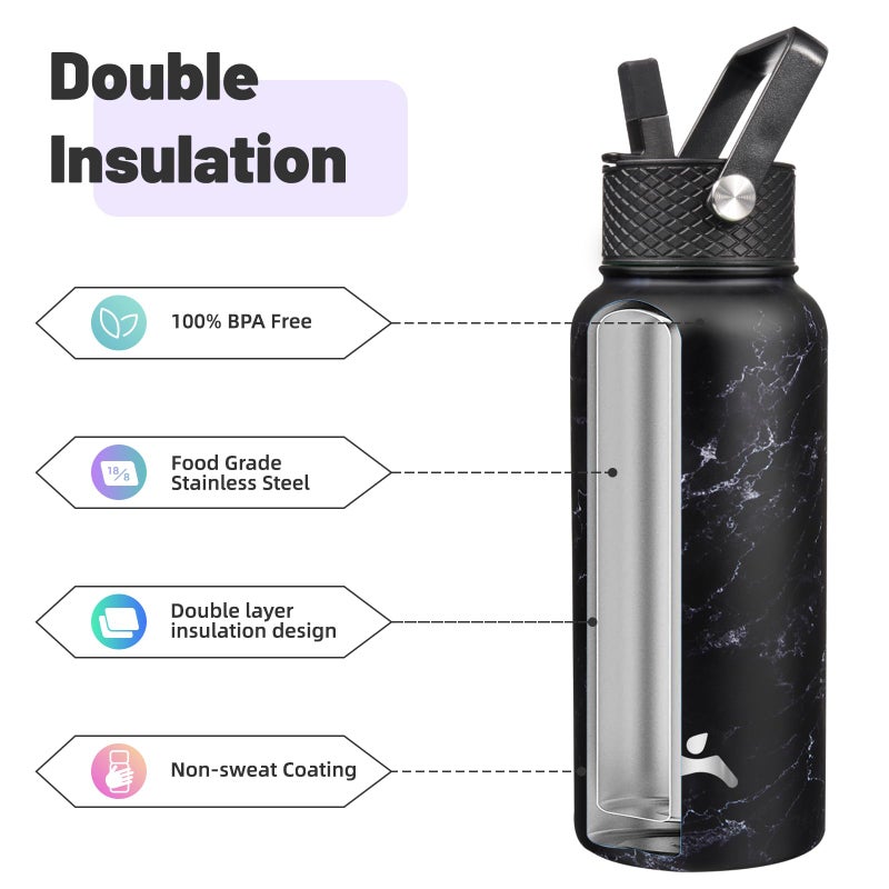 Konokyo 32 oz Insulated Water Bottle Stainless Steel Sport Bottles with 3 Lids,Marble Midnight - Image 4
