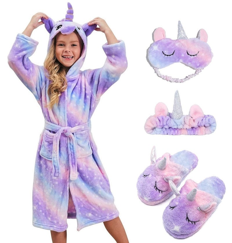 CHETOSHO Soft Unicorn Hooded Robe with Matching Slippers Headband and Blindfold for Girls - Purple Stars 10-12 Years - Image 1