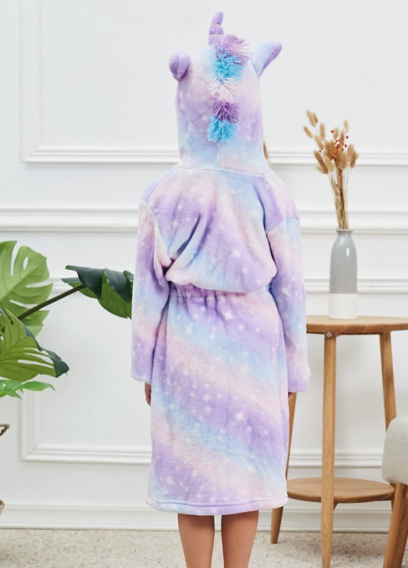 CHETOSHO Soft Unicorn Hooded Robe with Matching Slippers Headband and Blindfold for Girls - Purple Stars 10-12 Years - Image 5