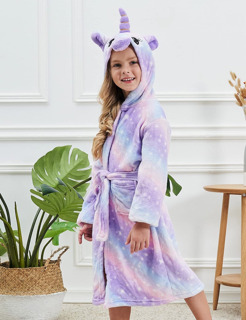 CHETOSHO Soft Unicorn Hooded Robe with Matching Slippers Headband and Blindfold for Girls - Purple Stars 10-12 Years - Image 4