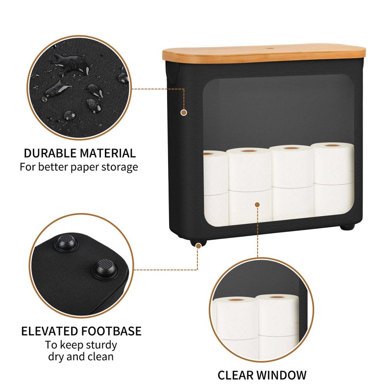 WRRLORS Toilet Paper Storage with Bamboo Lid,Foldable Basket Organizer for Bathroom, Holds 9 Mega/12 Regular Rolls, Waterproof Toilet Paper Holder Storage with Non-Slip Base,Black - Image 3