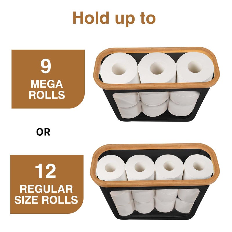 WRRLORS Toilet Paper Storage with Bamboo Lid,Foldable Basket Organizer for Bathroom, Holds 9 Mega/12 Regular Rolls, Waterproof Toilet Paper Holder Storage with Non-Slip Base,Black - Image 2