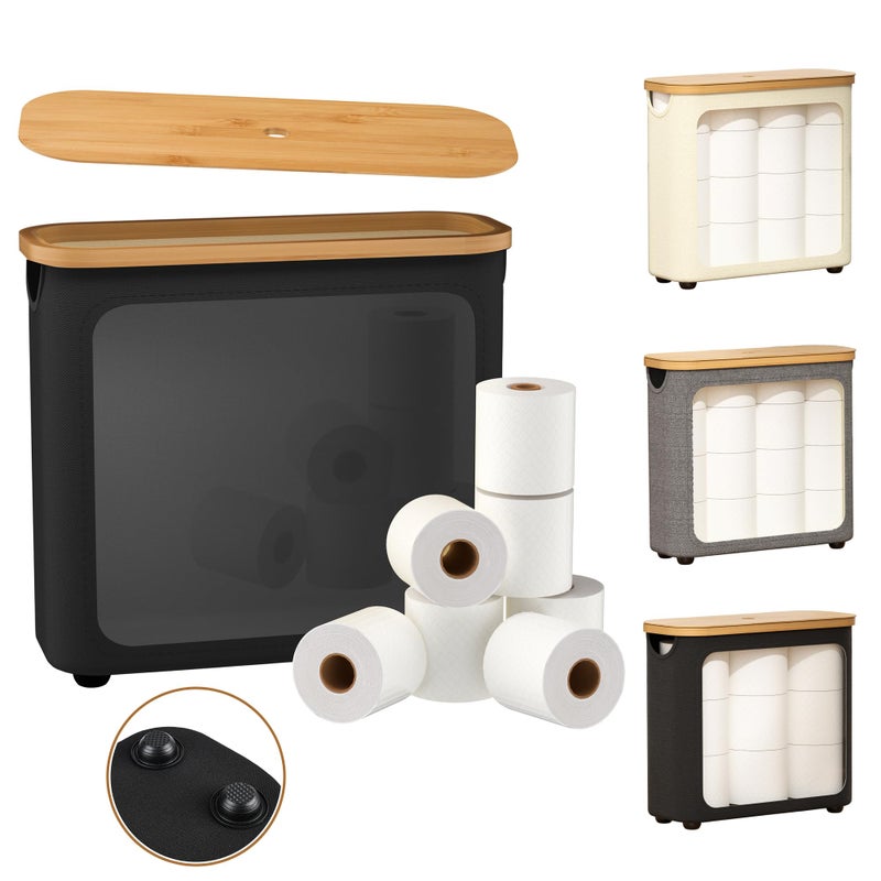 WRRLORS Toilet Paper Storage with Bamboo Lid,Foldable Basket Organizer for Bathroom, Holds 9 Mega/12 Regular Rolls, Waterproof Toilet Paper Holder Storage with Non-Slip Base,Black - Image 1