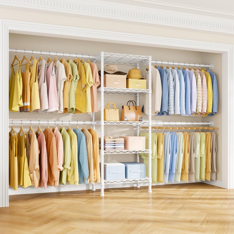 Ulif M2 Wall Mounted Closet System, Clothes Rack Mounted onto the Wall with 4 Expandable Hanger Rods and 5 Metal Shelves, Clothing Organizer Storage in (70.8-102.3)" L x 14.5" D x 71.2" H, White - Image 1