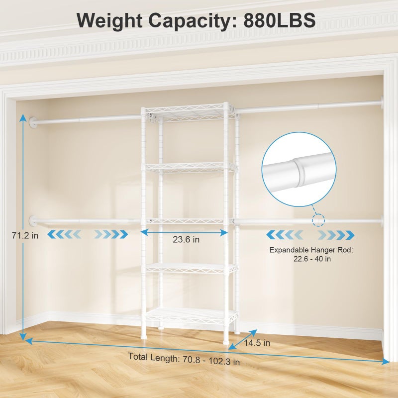 Ulif M2 Wall Mounted Closet System, Clothes Rack Mounted onto the Wall with 4 Expandable Hanger Rods and 5 Metal Shelves, Clothing Organizer Storage in (70.8-102.3)" L x 14.5" D x 71.2" H, White - Image 2