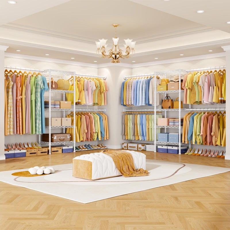 Ulif M2 Wall Mounted Closet System, Clothes Rack Mounted onto the Wall with 4 Expandable Hanger Rods and 5 Metal Shelves, Clothing Organizer Storage in (70.8-102.3)" L x 14.5" D x 71.2" H, White - Image 5