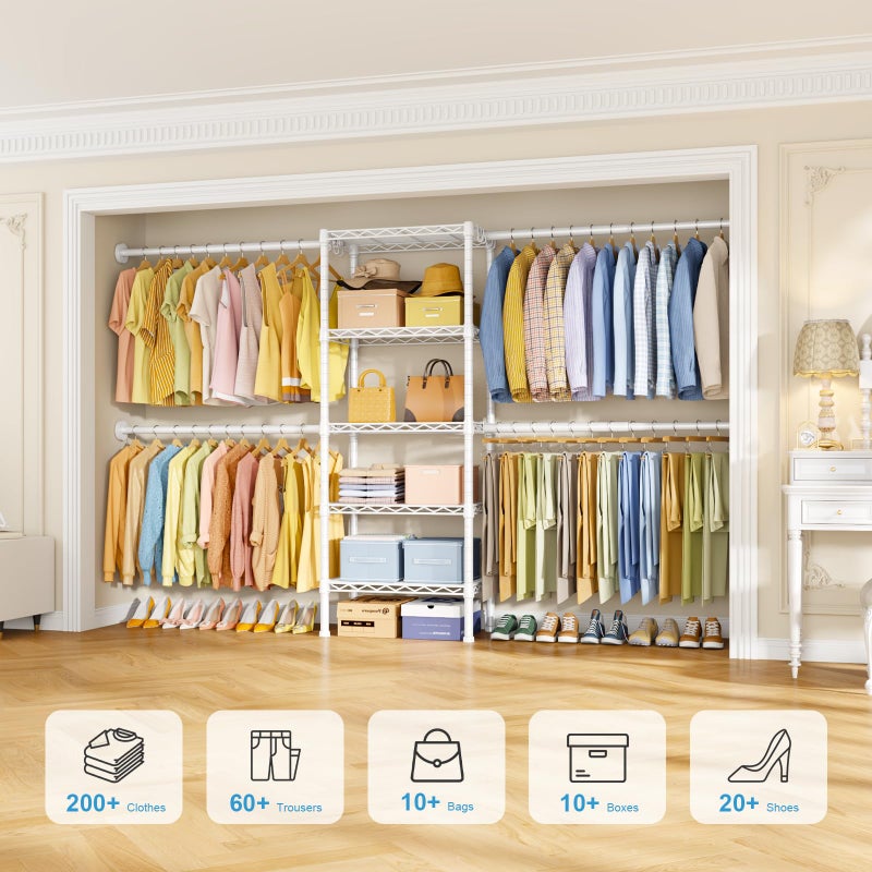 Ulif M2 Wall Mounted Closet System, Clothes Rack Mounted onto the Wall with 4 Expandable Hanger Rods and 5 Metal Shelves, Clothing Organizer Storage in (70.8-102.3)" L x 14.5" D x 71.2" H, White - Image 4