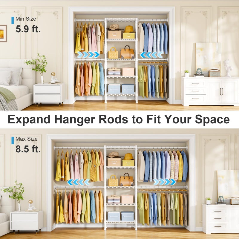 Ulif M2 Wall Mounted Closet System, Clothes Rack Mounted onto the Wall with 4 Expandable Hanger Rods and 5 Metal Shelves, Clothing Organizer Storage in (70.8-102.3)" L x 14.5" D x 71.2" H, White - Image 3