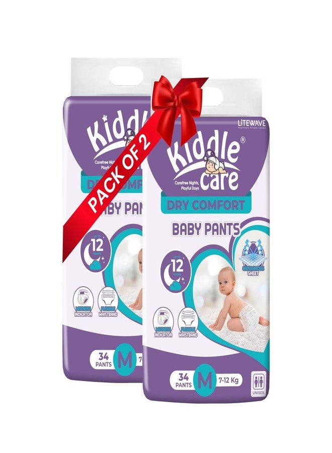 Kiddle Care Dry Comfort Advanced Soft Baby Diaper Pants | Medium (M) | Pack of 2 | 68 Pieces | 7-12 Kg | Up to 12 Hours Protection, Prevents Leakage, Wetness Indicator - Image 1