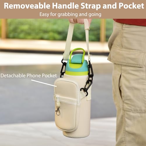 Icesip Water Bottle Carrier Bag with Strap for Owala FreeSip 32oz with Detachable Phone Pocket for Owala Accessories 32oz Water Bottle Sleeve for Walking Camping Gym Off White - Image 3