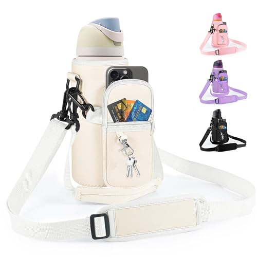 Icesip Water Bottle Carrier Bag with Strap for Owala FreeSip 32oz with Detachable Phone Pocket for Owala Accessories 32oz Water Bottle Sleeve for Walking Camping Gym Off White - Image 1