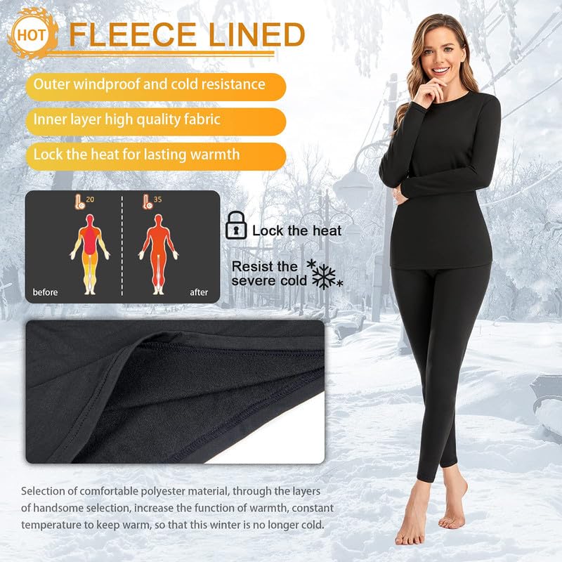 SIMIYA Thermal Underwear Set for Women Long Johns with Fleece Lined Long Sleeves Base Layer Set Top Bottom Black - Image 3