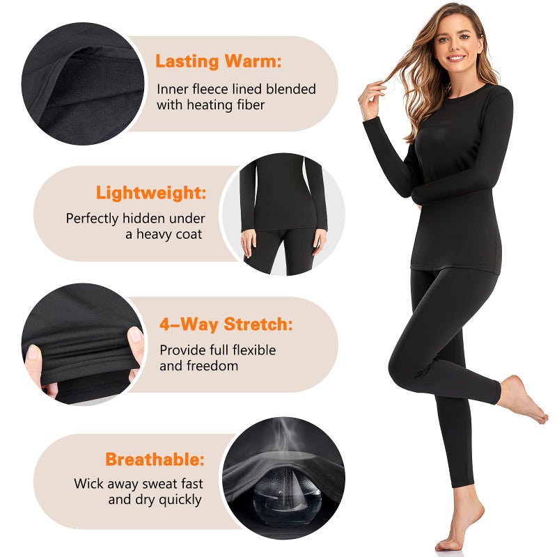 SIMIYA Thermal Underwear Set for Women Long Johns with Fleece Lined Long Sleeves Base Layer Set Top Bottom Black - Image 2
