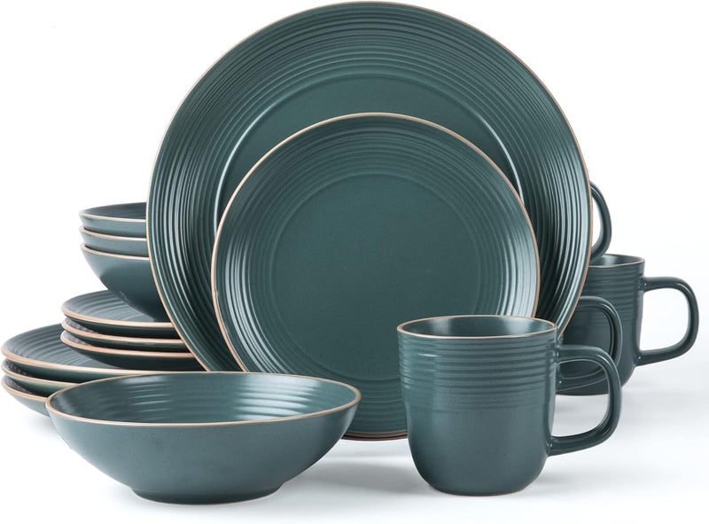 Arora RINGAR Round Stoneware 16pc Dinnerware Set of 4 Dinner Plates Side Plates Cereal Bowls Mugs  Speckle Matte Green 434540 - Image 1