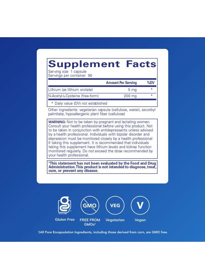 Pure Encapsulations ليثيوم أورات 5 ملغ - مكمل دعم الدماغ - مع N-أسيتيل-L-سيستين (NAC) للذاكرة وسلوك الدماغ - خالي من الغلوتين وغير معدل وراثيًا - 90 كبسولة - Image 2