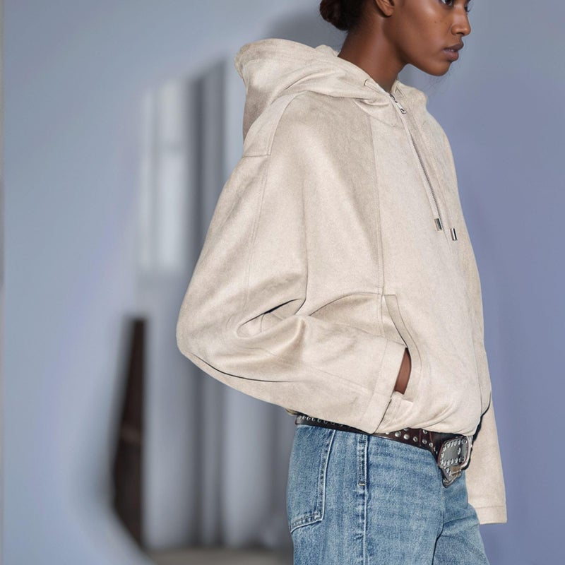 Xunger Women's Faux Suede Drawstring Hooded Jacket Bomber Casual Solid Color Zipper Outerwear with Pockets(1111-Apricot-L-RD) - Image 4