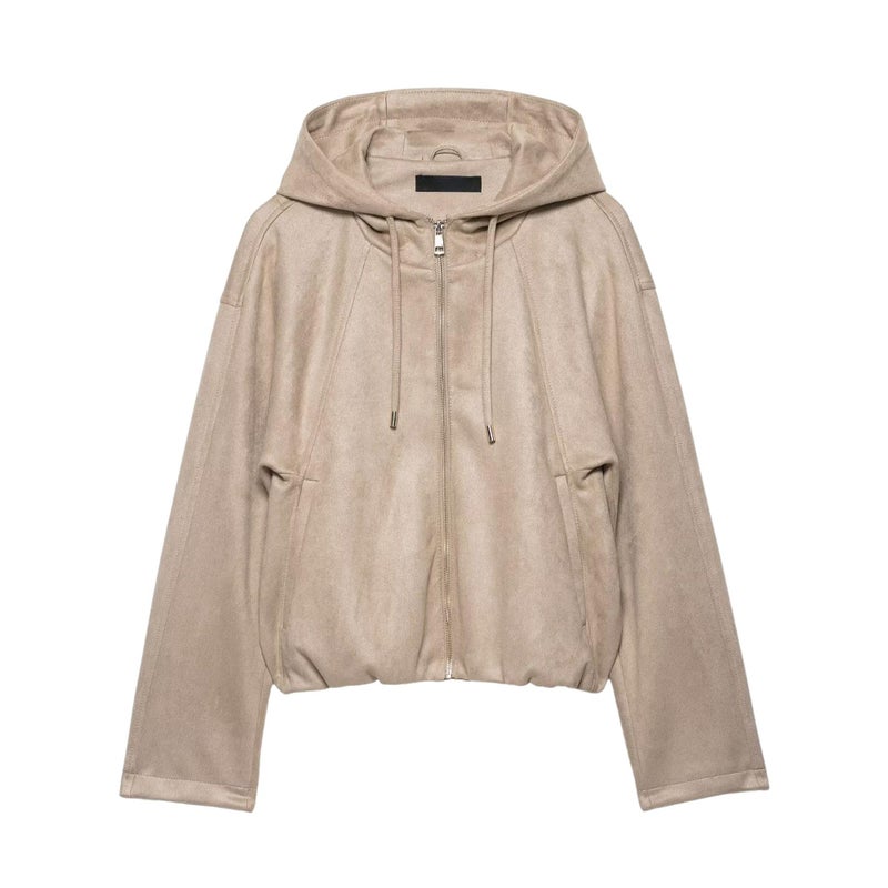 Xunger Women's Faux Suede Drawstring Hooded Jacket Bomber Casual Solid Color Zipper Outerwear with Pockets(1111-Apricot-L-RD) - Image 1