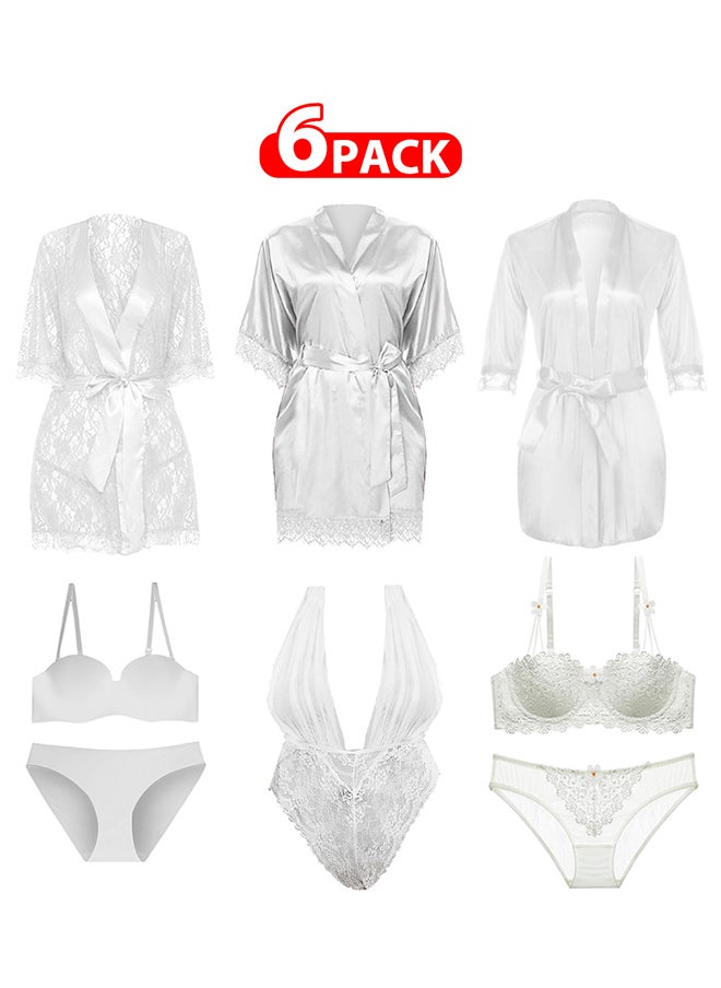 MARGOUN - 6 Packs Large Size V Neck Short Robe and Lingerie Set Push Up Bra and Panty White - Image 1