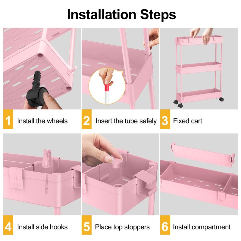 SPACELEAD Slim Storage Cart 3 Tier,Bathroom Organizer Rolling Utility,Mobile Shelving Unit Slide Out for Office, Kitchen, Laundry Room & Narrow Places,Pink - Image 2