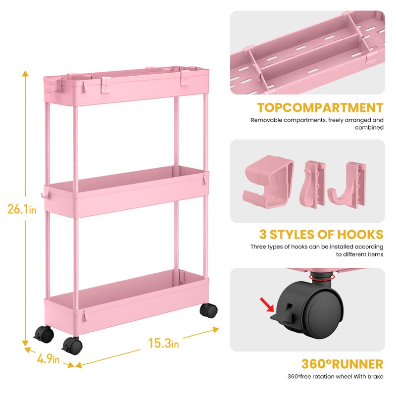SPACELEAD Slim Storage Cart 3 Tier,Bathroom Organizer Rolling Utility,Mobile Shelving Unit Slide Out for Office, Kitchen, Laundry Room & Narrow Places,Pink - Image 3