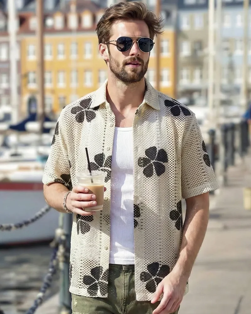 بيواكوف قميص رجالي بيج كروشيه واسع بنقوش