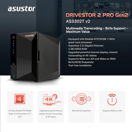 Asustor Drivestor 2 Pro Gen2 AS3302T v2, 2 Bay NAS, 1.7GHz Quad-Core, 2.5GbE Port, 2GB RAM DDR4, Small Home Media Server, Network Attached Storage Device (Diskless) - Image 2