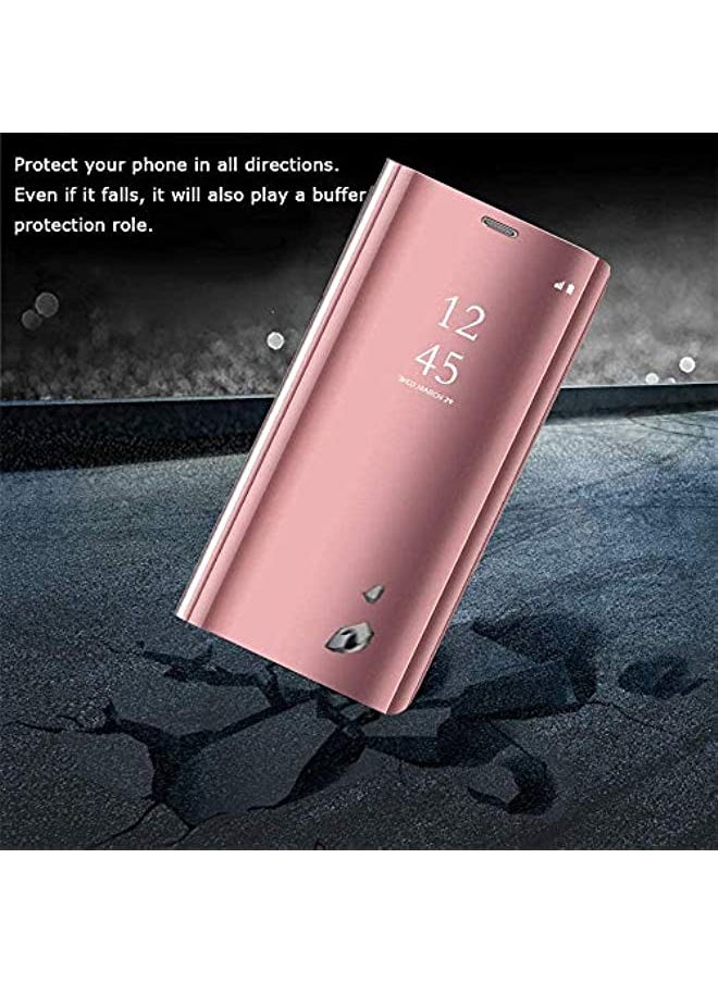 erorex - Clear View Cover Case for Samsung Galaxy A21S Standing Flip Folding Kickstand Case with Full Screen ProtectionShockproof Electroplate Plating Mirror Holder Smart Bumper Case-Rose Gold - Image 1