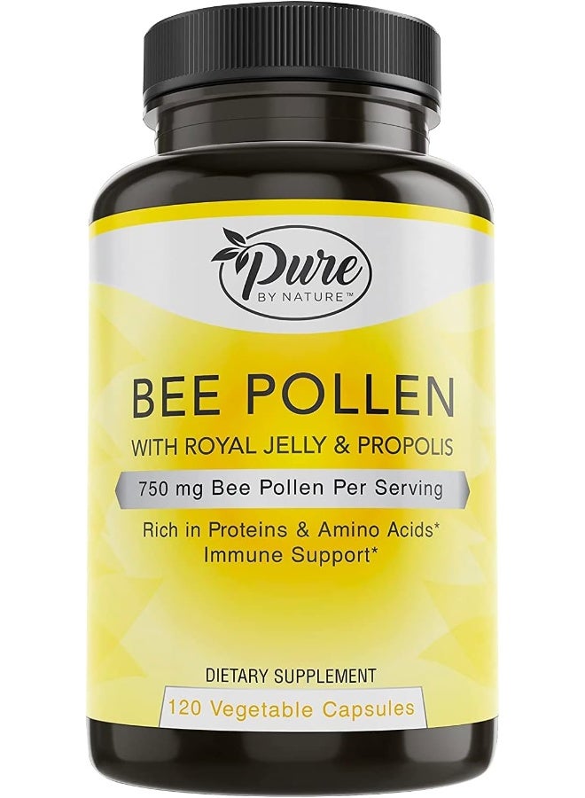 Pure By Nature Bee Pollen Supplement with Propolis & Royal Jelly for Immune Support, Antioxidant Properties, 120 Non-GMO Vegetarian Capsules - Image 1