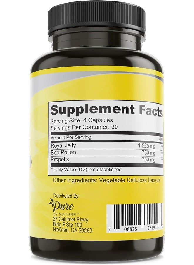 Pure By Nature Bee Pollen Supplement with Propolis & Royal Jelly for Immune Support, Antioxidant Properties, 120 Non-GMO Vegetarian Capsules - Image 2