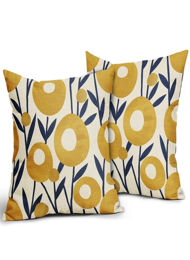 Aytipun Navy Blue Yellow Floral Pillow Covers 18x18 Set of 2 Boho Flower Pattern Decorative Throw Pillowcases Outdoor Rustic Farmhouse Square Cushion Cases Decor for Home Couch Sofa Bed - Image 2