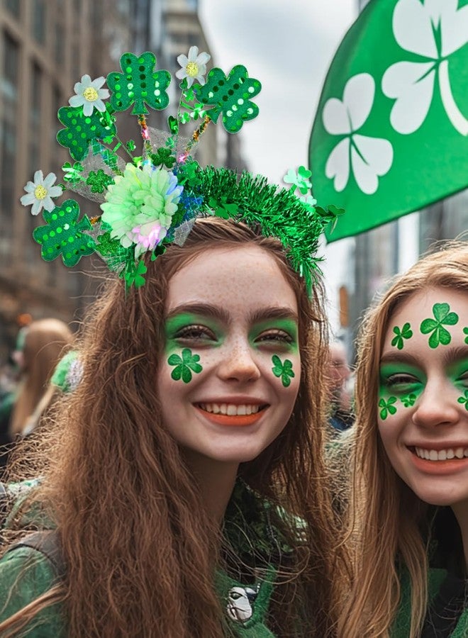 Urieo Light-Up St. Patrick's Day Headband with Shamrocks, Green Tinsel and Flowers, LED Holiday Hair Accessory - Image 5
