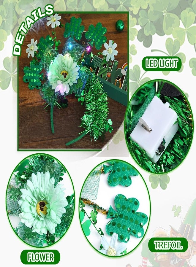 Urieo Light-Up St. Patrick's Day Headband with Shamrocks, Green Tinsel and Flowers, LED Holiday Hair Accessory - Image 3