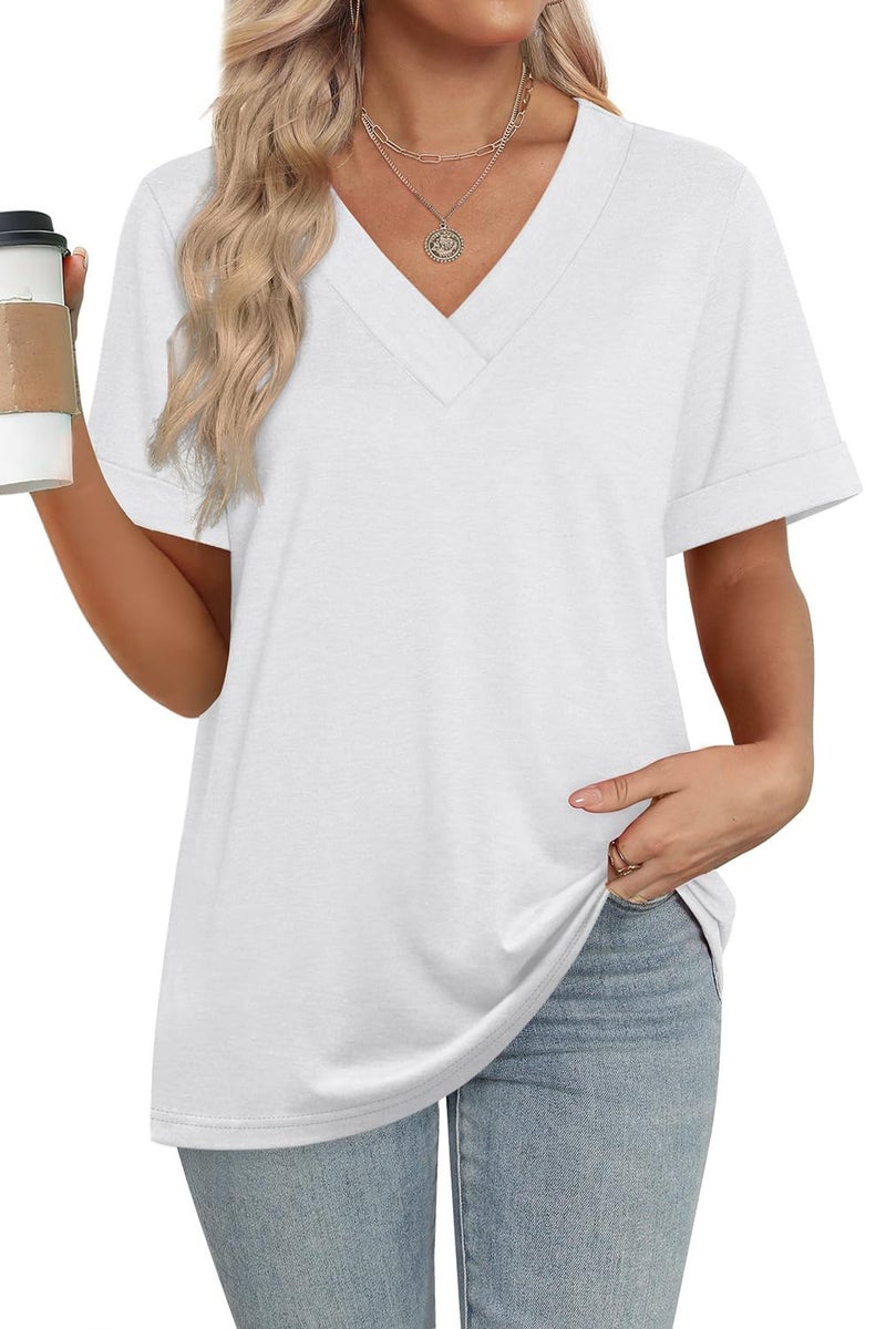 WIHOLL Short Sleeve Shirts for Women Trendy Summer Tops Loose Fit Business Casual V Neck T Shirts White S - Image 2