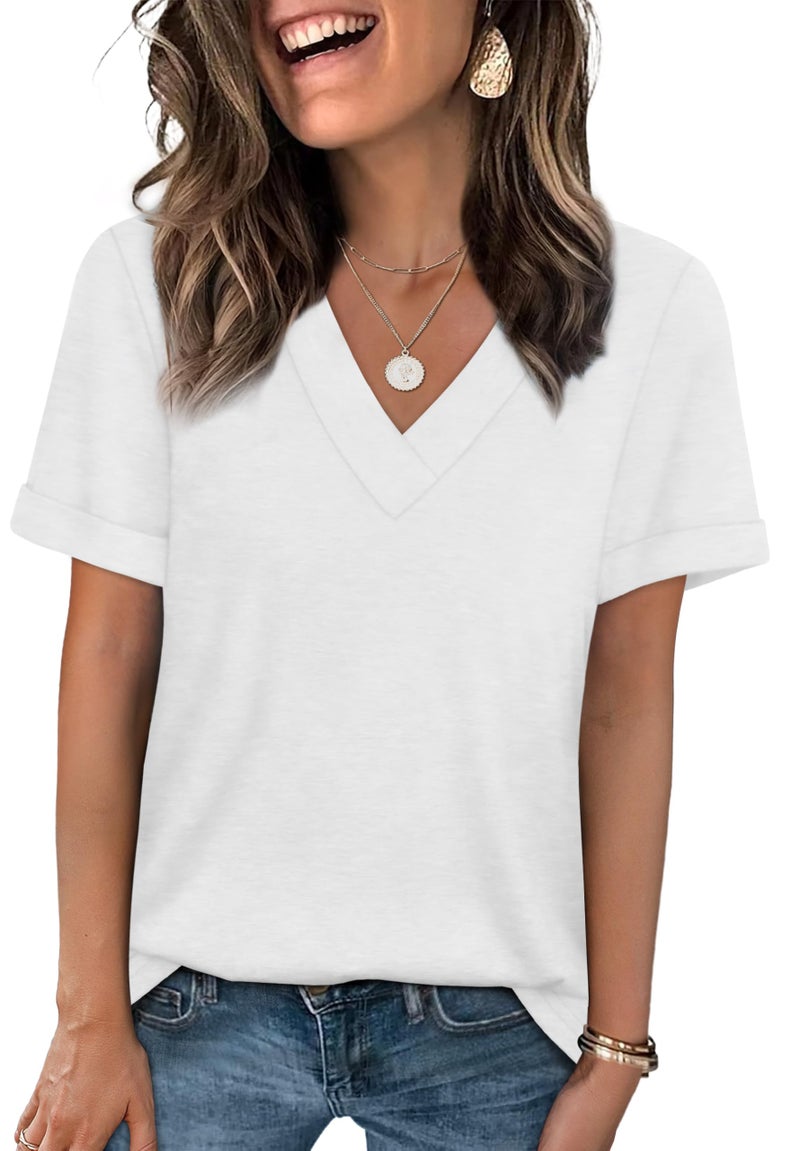 WIHOLL Short Sleeve Shirts for Women Trendy Summer Tops Loose Fit Business Casual V Neck T Shirts White S - Image 1