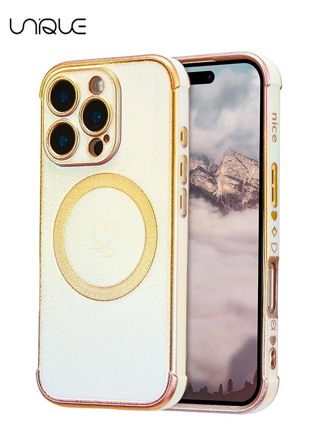 Unique Magnetic Case for iPhone 16 Pro Max Case 6.9",Cute Luxruy Iridescent Case with Love Hearts Pattern, Plating Edge Camera Lens Protection Shockproof Phone Case for Women Girls,White - Image 1