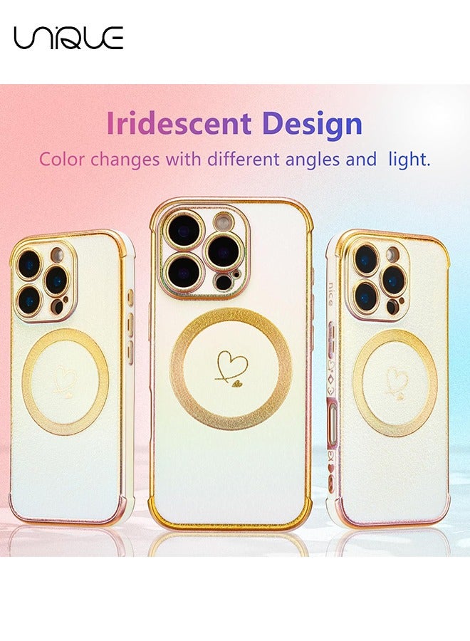 Unique Magnetic Case for iPhone 16 Pro Max Case 6.9",Cute Luxruy Iridescent Case with Love Hearts Pattern, Plating Edge Camera Lens Protection Shockproof Phone Case for Women Girls,White - Image 2