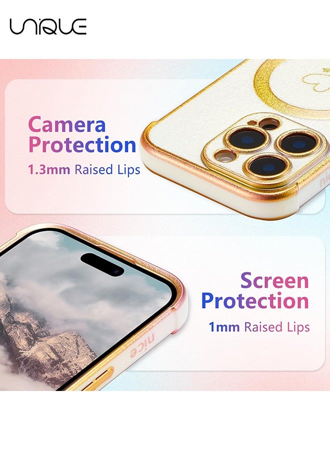 Unique Magnetic Case for iPhone 16 Pro Max Case 6.9",Cute Luxruy Iridescent Case with Love Hearts Pattern, Plating Edge Camera Lens Protection Shockproof Phone Case for Women Girls,White - Image 3
