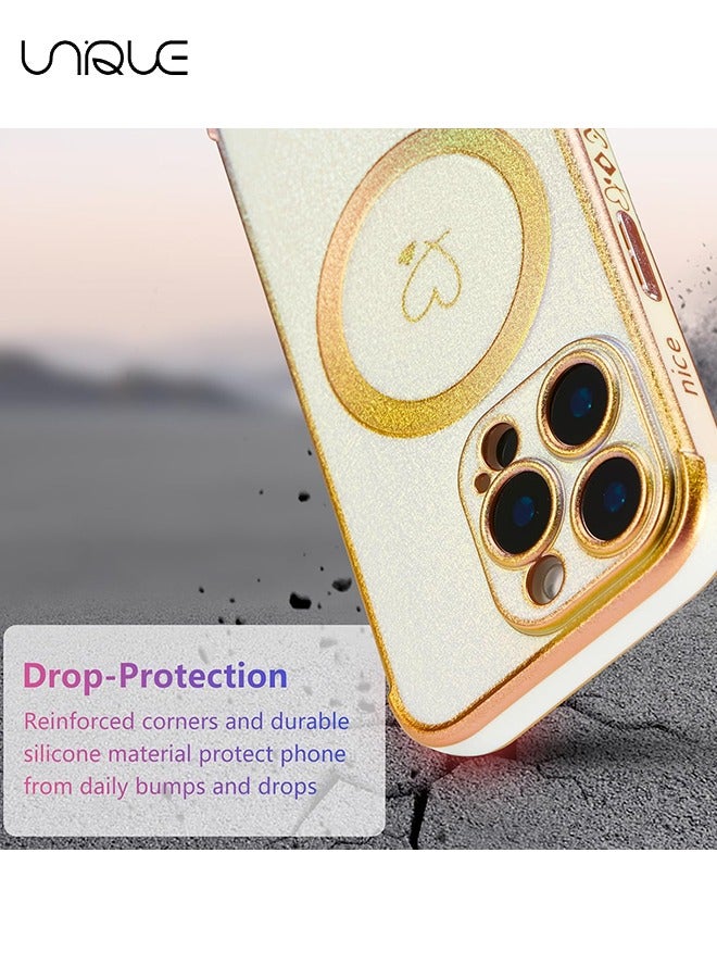 Unique Magnetic Case for iPhone 16 Pro Max Case 6.9",Cute Luxruy Iridescent Case with Love Hearts Pattern, Plating Edge Camera Lens Protection Shockproof Phone Case for Women Girls,White - Image 4