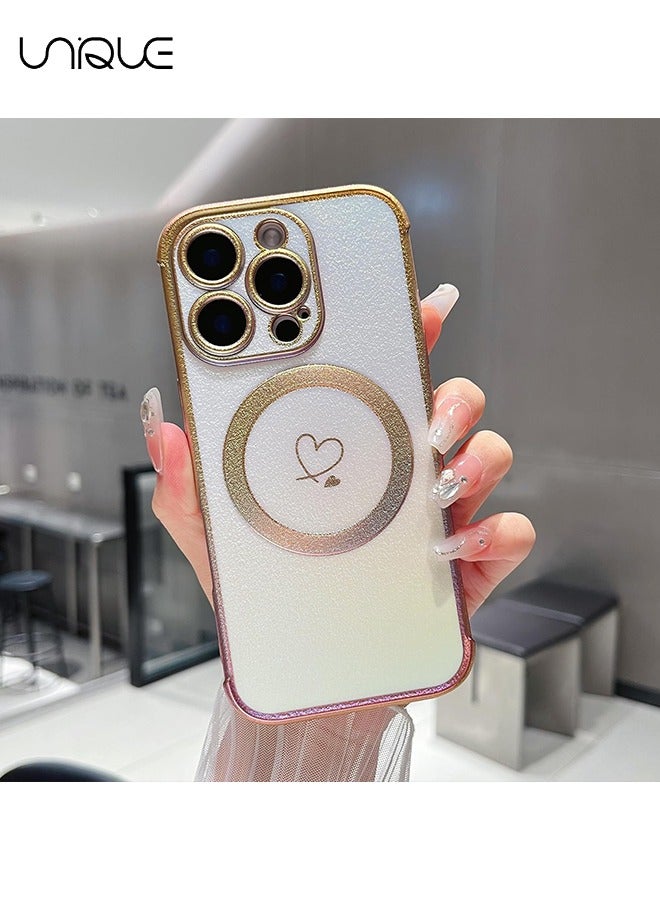 Unique Magnetic Case for iPhone 16 Pro Max Case 6.9",Cute Luxruy Iridescent Case with Love Hearts Pattern, Plating Edge Camera Lens Protection Shockproof Phone Case for Women Girls,White - Image 5