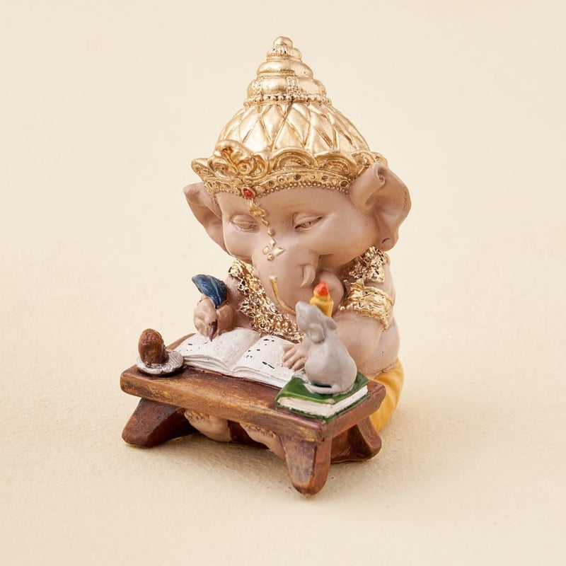 Karigaari India Ganesha Statue for Car Dashboard I Ganeshji showpiece for Car Front Dashboard I Ganesha Writing in a Book for Car Showpiece - Image 1