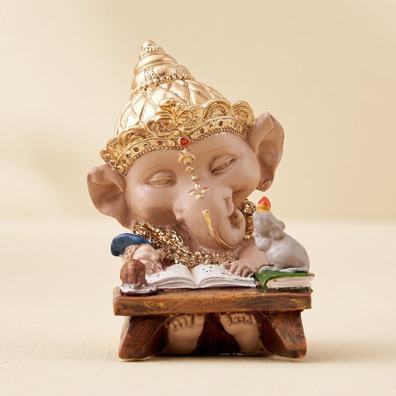 Karigaari India Ganesha Statue for Car Dashboard I Ganeshji showpiece for Car Front Dashboard I Ganesha Writing in a Book for Car Showpiece - Image 2