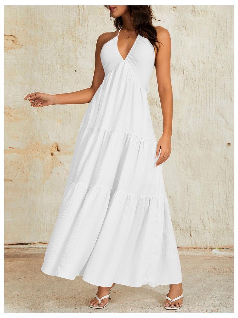 OYOANGLE Women's Summer Beach Sundress Formal Wedding Guest Dress Backless Flowy Vacation Boho Maxi Dresses White X-Small - Image 4