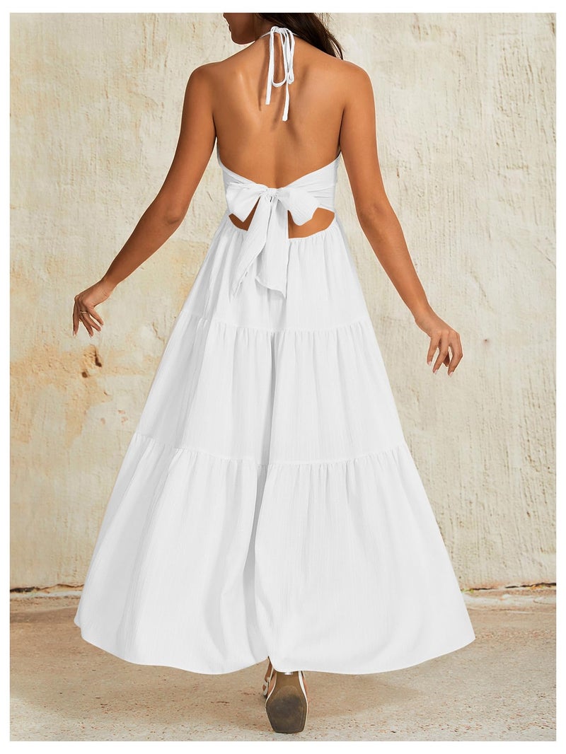 OYOANGLE Women's Summer Beach Sundress Formal Wedding Guest Dress Backless Flowy Vacation Boho Maxi Dresses White X-Small - Image 2