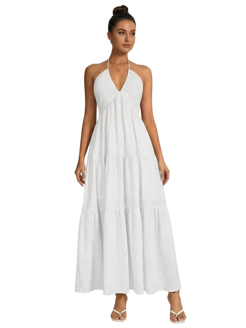 OYOANGLE Women's Summer Beach Sundress Formal Wedding Guest Dress Backless Flowy Vacation Boho Maxi Dresses White X-Small - Image 1
